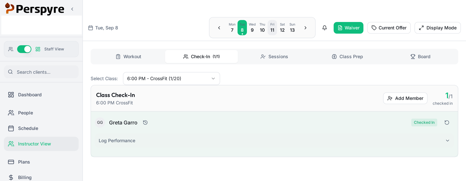 Perspyre instructor view showing class check-in with attendance and performance logging